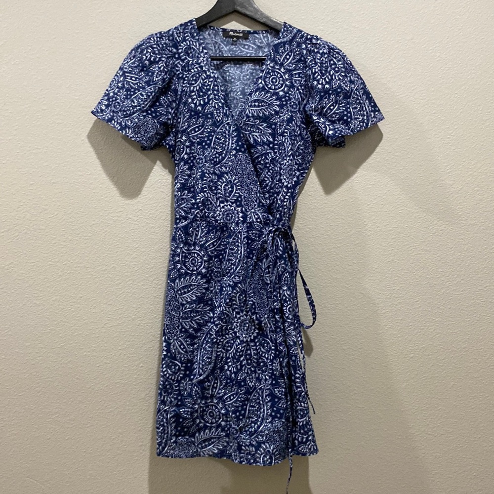 Madewell Blue Paisley Print Short Sleeve Mini Wrap Dress Size XS